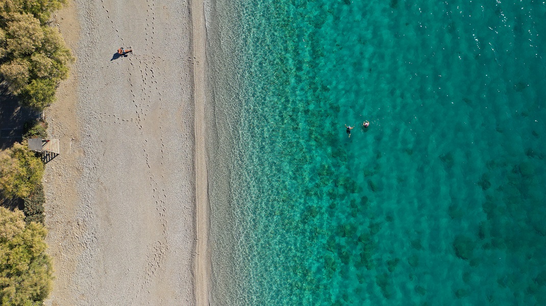 Aerial,Drone,Photo,Of,Beautiful,Seaside,Village,And,Turquoise,Beach